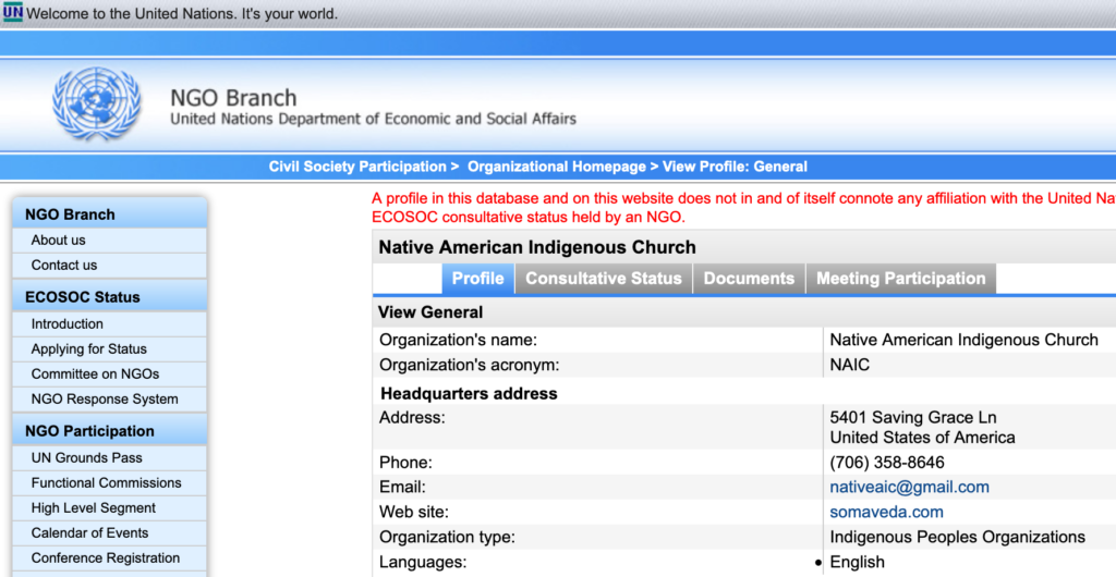 Native American Indigenous Church NAIC UN DESA NGO Registry