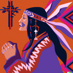 Native Lady Prays at Cross 1