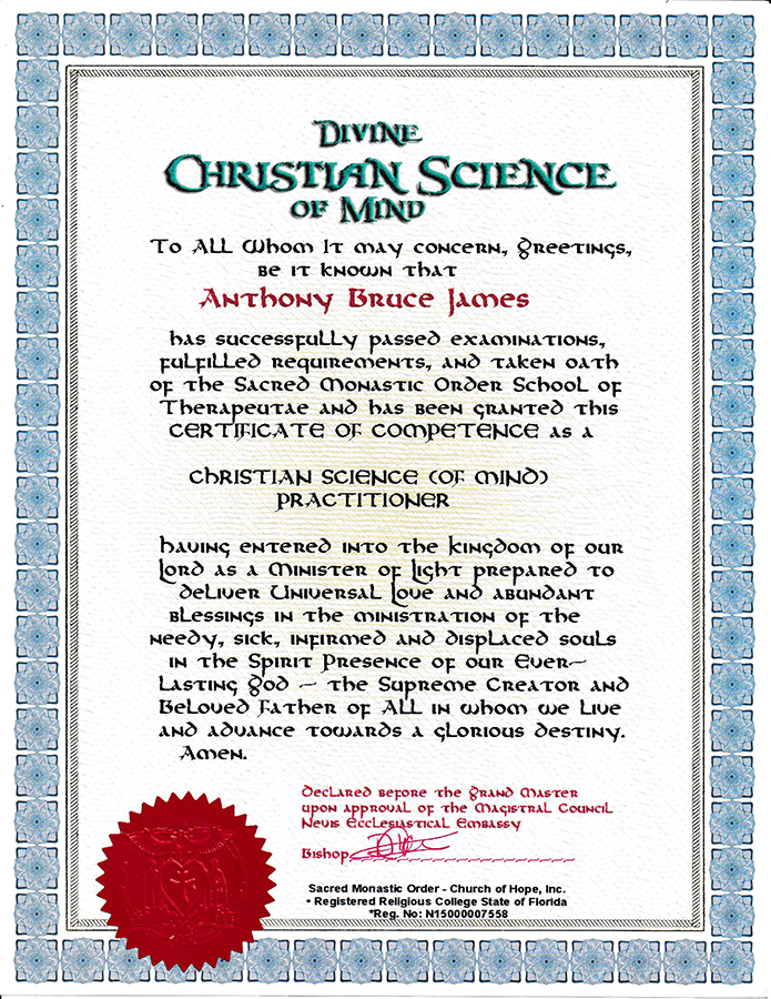 Christian Science Practitioner Certificate-license for Dr. Anthony B. James, NAIC Natural Wellness Solutions Clinic 