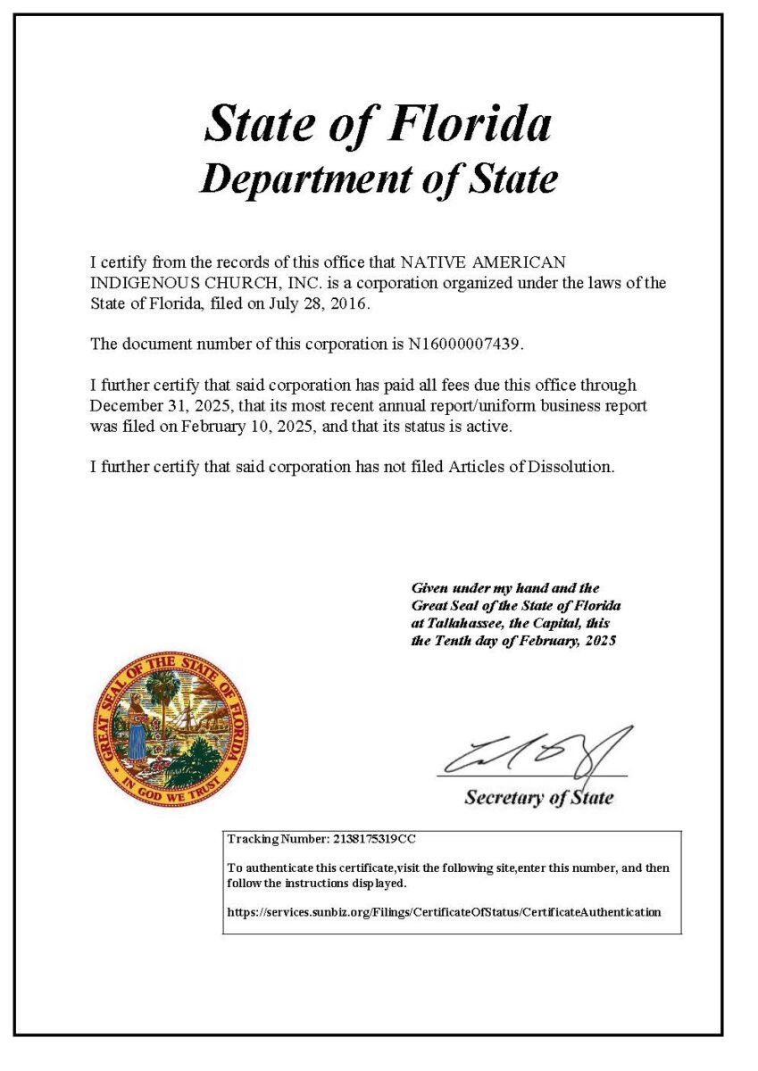 Native American Indigenous Church Inc. Fla Department of State Afidavit in Good Standing 2025